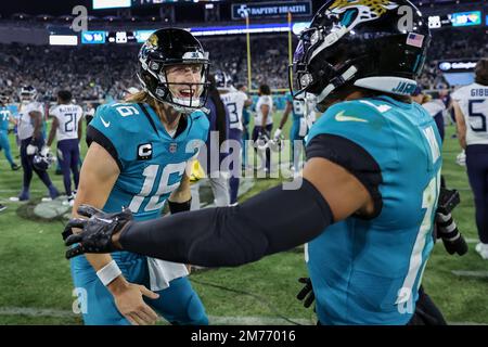 January 7, 2023: Tennessee Titans quarterback Joshua Dobbs (11) is sacked  by Jacksonville Jaguars defensive end Roy Robertson-Harris (95) during a  game in Jacksonville, FL. Romeo T Guzman/CSM/Sipa USA.(Credit Image: © Romeo