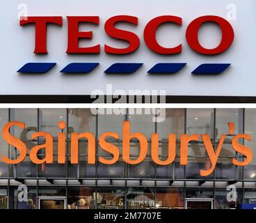 Undated file photos of the logos for Tesco and Sainsbury's. The UK's two biggest grocers are expected to disclose bumper Christmas sales despite continued pressure from the cost-of-living crisis. Issue date: Sunday January 8, 2023. Stock Photo
