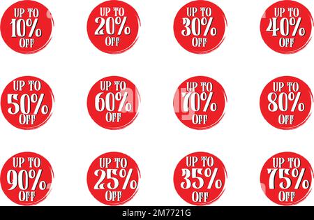 Sale Discount Tags Vector Badges Set Template, 10 off, 20 %, 90, 80, 30, 40, 50, 60, 70, 75, 25, 35, Percent Sale Label Symbols With Round Cercle Back Stock Vector