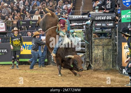 NEW YORK, NEW YORK - JANUARY 07: Ednei Caminhas rides Bullseye during second round of the Professional Bull Riders 2023 Unleash The Beast event at Madison Square Garden on January 7, 2023 in New York City. Credit: Ron Adar/Alamy Live News Stock Photo