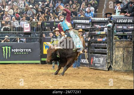 NEW YORK, NEW YORK - JANUARY 07: Ednei Caminhas rides Bullseye during second round of the Professional Bull Riders 2023 Unleash The Beast event at Madison Square Garden on January 7, 2023 in New York City. Credit: Ron Adar/Alamy Live News Stock Photo