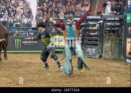 NEW YORK, NEW YORK - JANUARY 07: Ednei Caminhas rides Bullseye during second round of the Professional Bull Riders 2023 Unleash The Beast event at Madison Square Garden on January 7, 2023 in New York City. Credit: Ron Adar/Alamy Live News Stock Photo