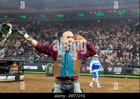 NEW YORK, NEW YORK - JANUARY 07: Ednei Caminhas rides Bullseye during second round of the Professional Bull Riders 2023 Unleash The Beast event at Madison Square Garden on January 7, 2023 in New York City. Credit: Ron Adar/Alamy Live News Stock Photo