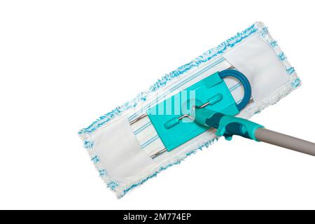 Washing and disinfection of floors, wet cleaning of the house. Cleaning a vinyl brown floor with a mop, isolate on a white background. House cleaning Stock Photo