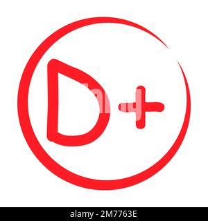 Grade result D plus. Hand drawn icon in red color. Test exam mark report vector illustration . Stock Vector