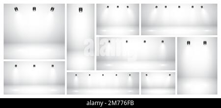 Empty gray studio abstract backgrounds with spotlights. Product showcase backdrop with spotlight effect. Stage lighting. Vector illustration Stock Vector
