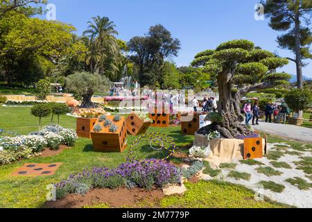 GENOA, ITALY, APRIL, 28, 2022 - Flower arrangements at Euroflora 2022 in Genoa, international floriculture festival, in Genoa Nervi parks, Italy. Stock Photo