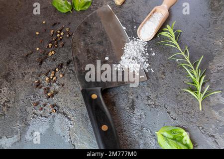 Knife, spices on a table Stock Photo