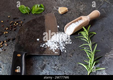 Knife, spices on a table Stock Photo