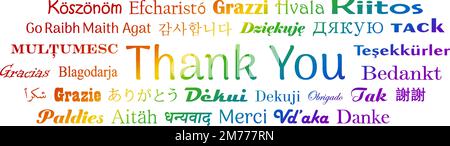 Thank you in Worldwide languages. Vector lettering. Six Rainbow colors. White back. All Text in different languages are Thank you in English. Stock Vector
