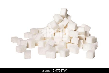 Refined sugar cubes pieces in pile, heap. Lot of sweet blocks isolated on white background. High quality photo Stock Photo