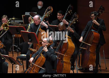 New York, USA. 7th Jan, 2023. Members of the Philadelphia Orchestra perform during a concert to celebrate the upcoming Chinese Lunar New Year at Lincoln Center in New York, the United States, on Jan. 7, 2023. Entitled 'Echoes of Ancient Tang Poems,' the concert featuring ancient China's Tang Dynasty (618-907) poems was held here on Saturday night to celebrate the upcoming Chinese Lunar New Year. Credit: Li Rui/Xinhua/Alamy Live News Stock Photo