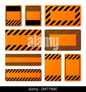 Various blank orange warning signs with diagonal lines. Attention, danger or caution sign, construction site signage. Realistic notice signboard Stock Vector