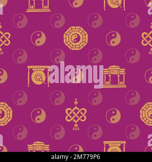 Purple and Gold Vector Chinese Philosophical Repeat Pattern Design Stock Vector