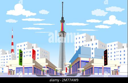 Tokyo city view at dusk or night with Tokyo tower and Tokyo skytree, mount Fuji and sunset on background, landscape vector illustration Stock Vector