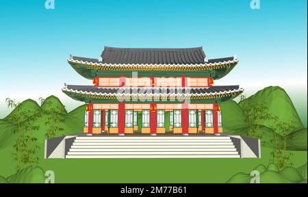Hanok buildings isolated vector illustration set. Traditional Korean house design element collection. Ancient, classic asian town in cartoon style. Stock Vector