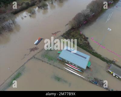 Hereford, Herefordshire, UK – Sunday 8th January 2023 – UK Weather – Aerial view of flooding along the River Wye as it passes through Hereford has resulted in the local Sea Cadets building being surrounded by flood water. At 10am the River Wye was at 4.52m and rising as it flows through Hereford. More rain is forecast. Photo Steven May / Alamy Live News Stock Photo