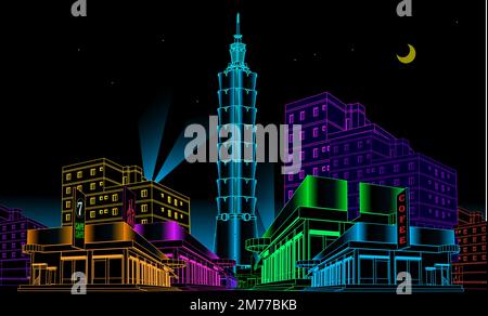 Taipei ( Taiwan ) skyline with panorama in night background. Vector Illustration. Business travel and tourism concept with modern buildings. Image for Stock Vector