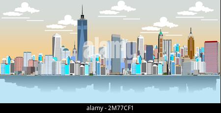 New York cityscape vector illustration. Cartoon New York landmarks in night, Freedom Tower on One World Trade Center and famous US America city buildi Stock Vector