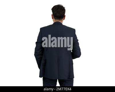 Close up photo of young business man photo from back on isolated white background. Stock Photo