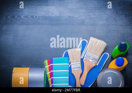 Set of painting tools on wooden board construction concept. Stock Photo