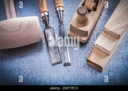 Set of joiner’s tools on metallic background construction concept. Stock Photo