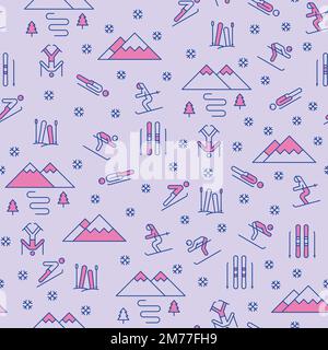 Purple Vector Mountain Skiing Winter landscape repeat pattern design Stock Vector