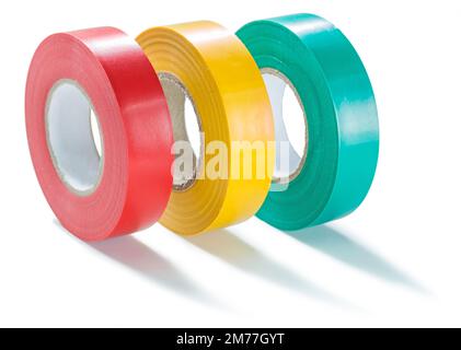three colored rolls of insulate tape isolated Stock Photo