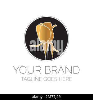 Gold Rose Logo Design. Round Floral Logo on Black Circle Stock Vector