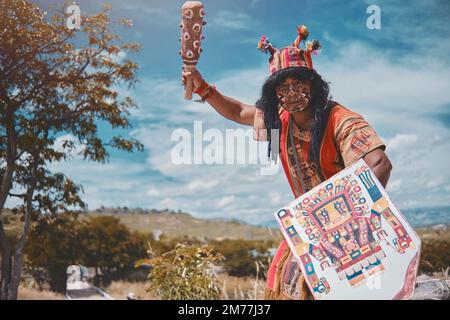 Representation of Inca warrior dressed and with battle weapons, preHispanic warrior fighting in Peru Stock Photo