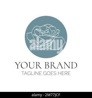 Round Rose Flower Logo Design in Blue Minimal Style Stock Vector