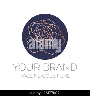 Elegant Rose Gold Flower Logo on Navy Blue Background. Floral Logotype Stock Vector