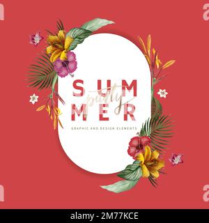 Tropical oval frame on red background vector Stock Vector