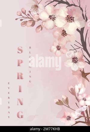 Hand drawn cherry blossoms on a pink background vector Stock Vector