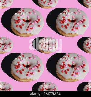 seamless pattern of donuts with sugar glaze on pink background Stock Photo