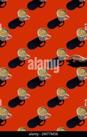 seamless pattern of coffee cups and one with hand, red background  Stock Photo