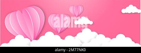 Happy valentines day typography vector design with paper balloons in the sky red pink heart shape cut white clouds vector image of love Stock Vector