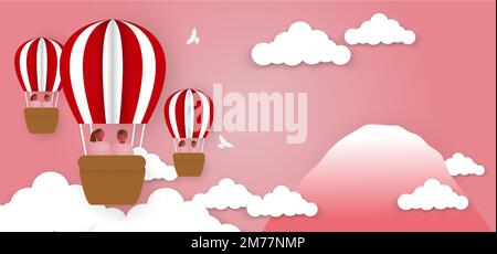 Happy valentines day typography vector design with paper balloons in the sky red pink heart shape cut white clouds vector image of love Stock Vector