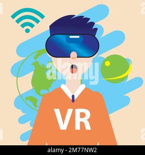 Young man moving objects using VR device showing vector image of virtual world. Stock Vector