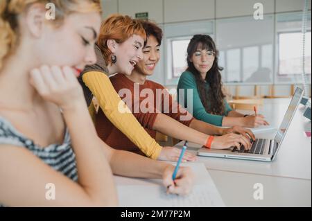 Diverse students studying together using netbook in university Stock Photo