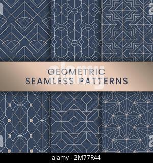 White geometric seamless patterns set on blue background Stock Vector