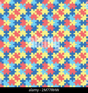 Colorful autism pattern with puzzles pieces. Seamless background with yellow, blue and red puzzles. World Autism Awareness Day April 2. Vector illustr Stock Vector