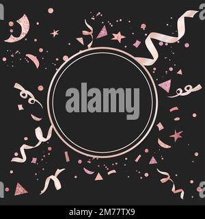 Blank rose pink confetti golden circular badge vector Stock Vector