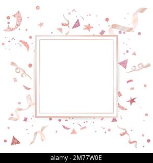Blank rose pink confetti golden square badge vector Stock Vector