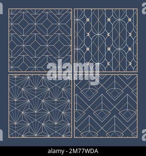 White geometric seamless patterns set on blue background Stock Vector