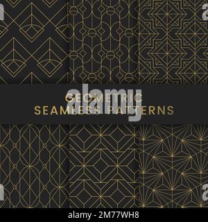 Golden geometric seamless patterns set on black background Stock Vector