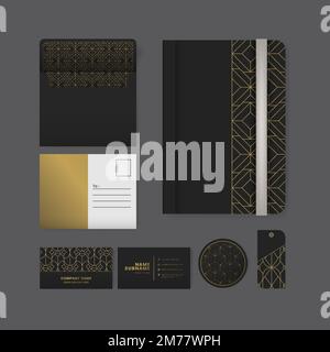 Set of golden geometric pattern on black surface stationery Stock Vector