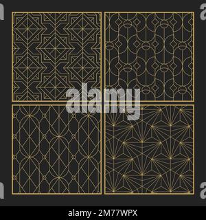 Golden geometric seamless patterns set on black background Stock Vector