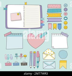 Note papers and office supplies doodle vector set Stock Vector