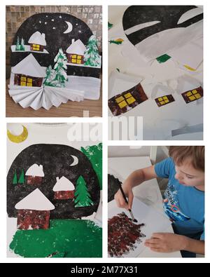 Little boy makes Christmas village handmade craft. DIY steps collage hobby New Year decoration winter school art project photo Stock Photo